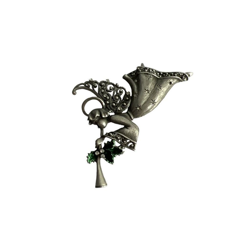 Jonette JJ Pewter Angel Brooch With Holly and Trumpet